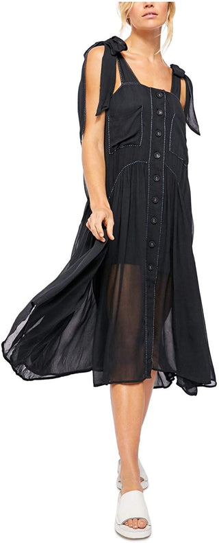 Free People Women's Black Button Up Fit + Flare Dress Navy Size Small