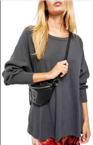 Free People Women's Amelia Cotton Waffle Knit Thermal Top Black Size Large