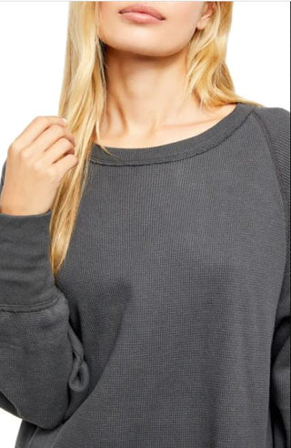 Free People Women's Amelia Cotton Waffle Knit Thermal Top Black Size Large