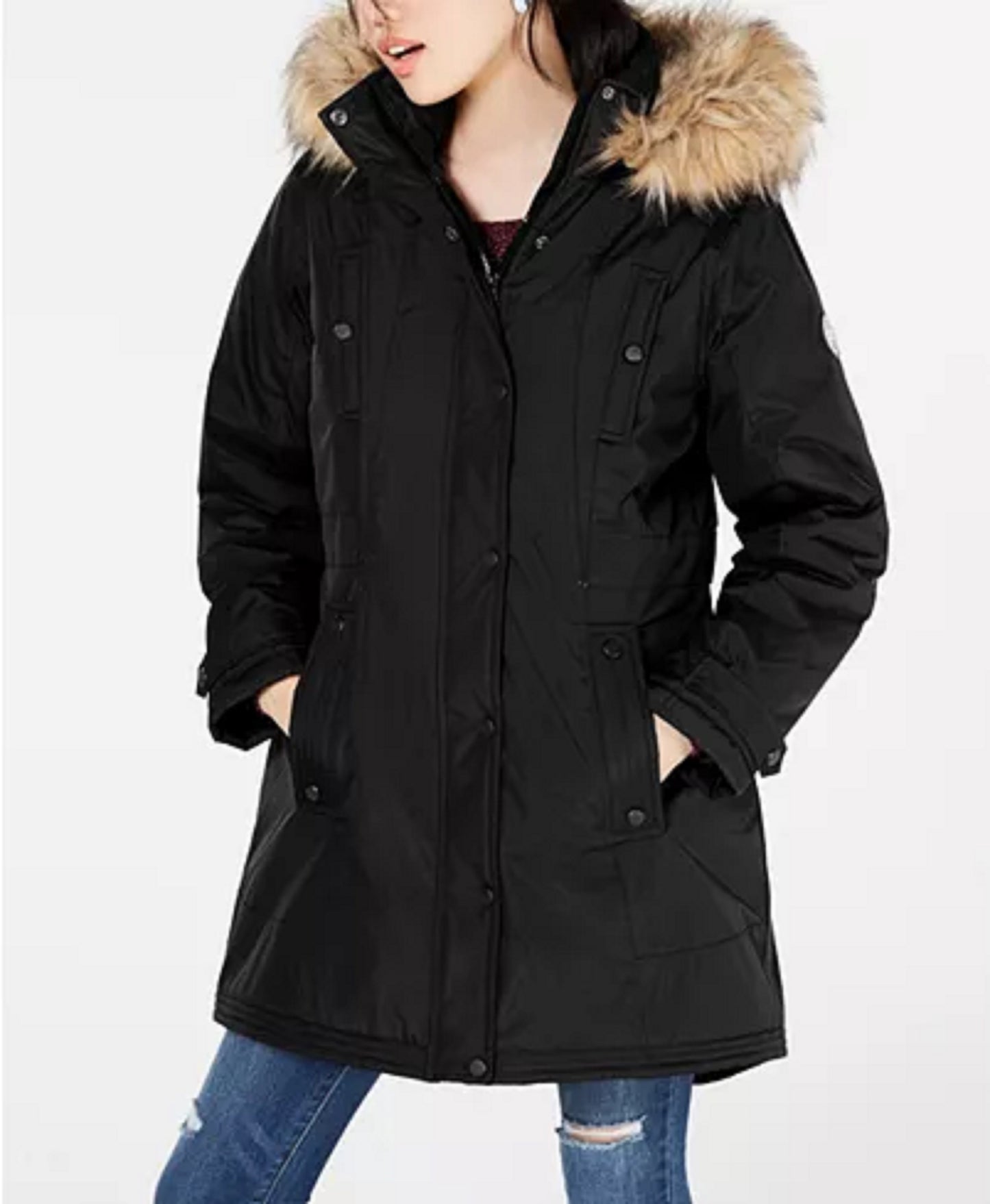 Madden Girl  Juniors' Hooded Faux-Fur-Trim Parka Black Size Small