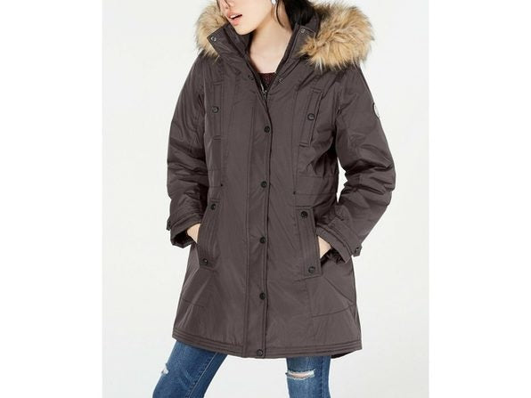 Madden Girl Junior's Faux-Fur-Trim Hooded Puffer Coat Olive Size Large