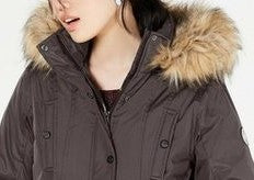 Madden Girl Junior's Faux-Fur-Trim Hooded Puffer Coat Olive Size Large