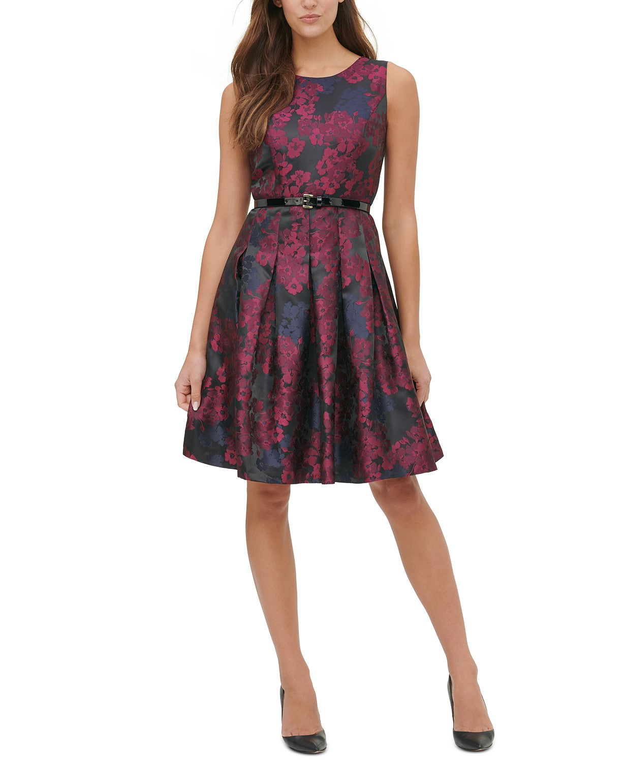 Tommy Hilfiger Women's Petite Belted Jacquard Fit & Flare Dress Wine Size 8