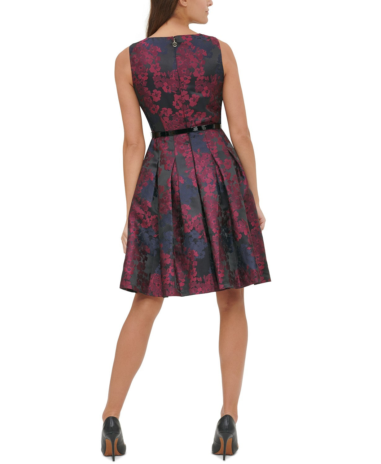 Tommy Hilfiger Women's Petite Belted Jacquard Fit & Flare Dress Wine Size 8