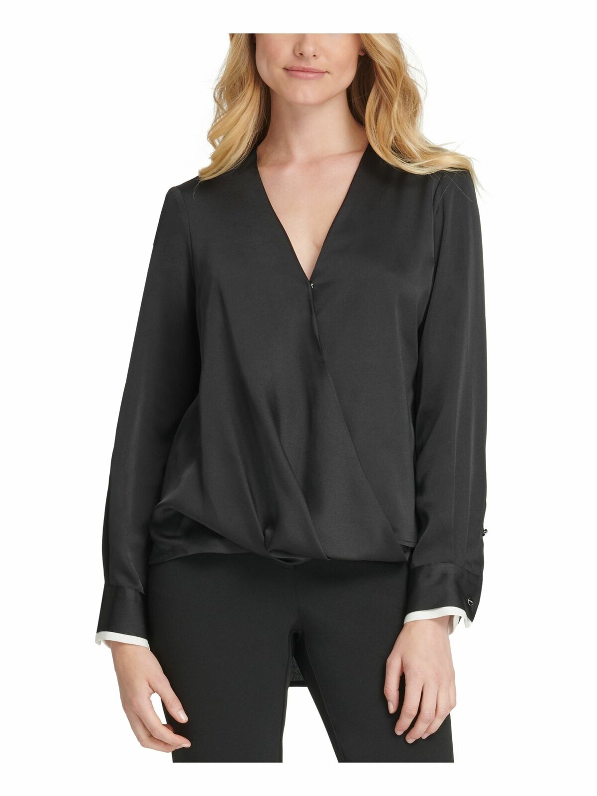 DKNY Women's V Neck Side Tie Wrap Top Black Size X-Large