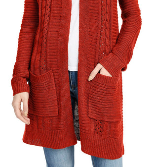 Pink Rose Juniors' Eyelet Long Cardigan Red Size Extra Large