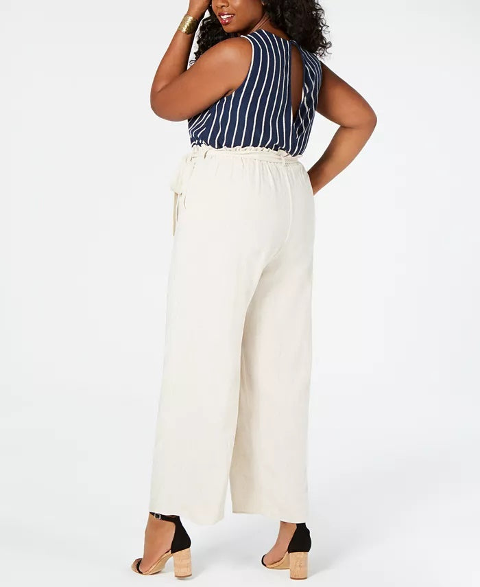 Monteau Juniors' Plus Size Striped Top & Paperbag-Pant Jumpsuit Navy Size 2X