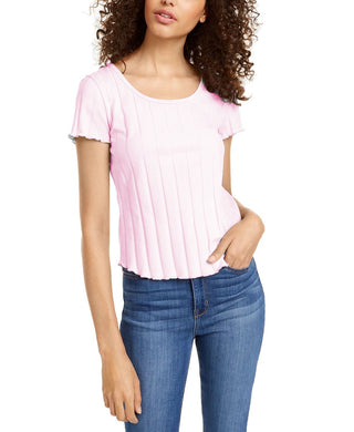 Pink Rose Juniors' Rib-Knit Lettuce-Edged T-Shirt Pink Size Medium