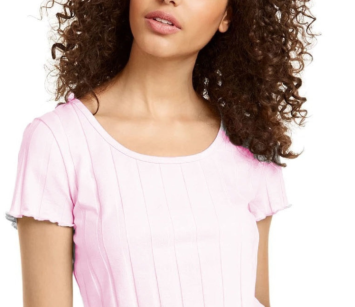Pink Rose Juniors' Rib-Knit Lettuce-Edged T-Shirt Pink Size Medium