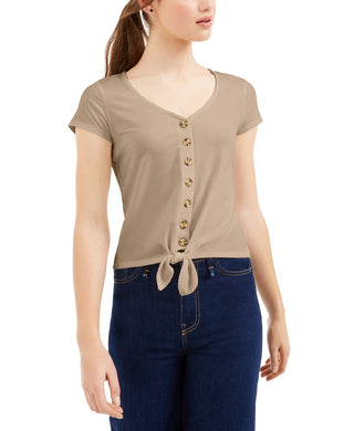 Pink Rose Juniors' Ribbed Tie-Front Top Mocha Frappe Size Small