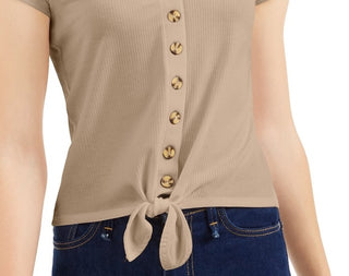 Pink Rose Juniors' Ribbed Tie-Front Top Mocha Frappe Size Small