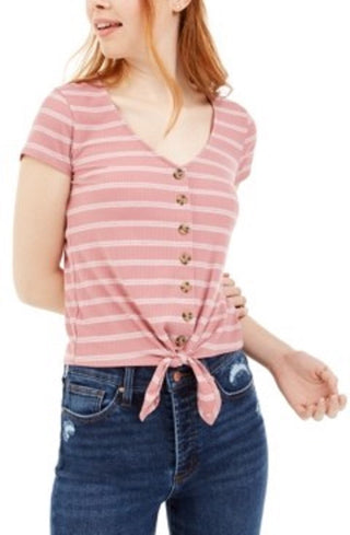 Pink Rose Juniors' Ribbed Tie-Front Top Purple Size Medium