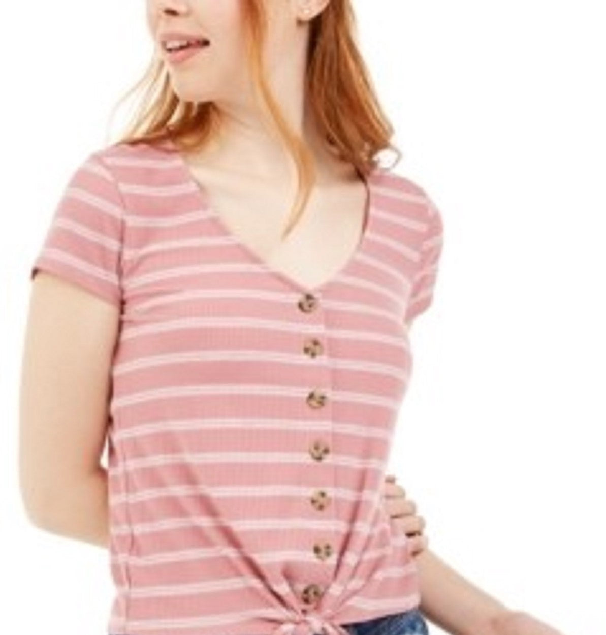 Pink Rose Juniors' Ribbed Tie-Front Top Purple Size Medium