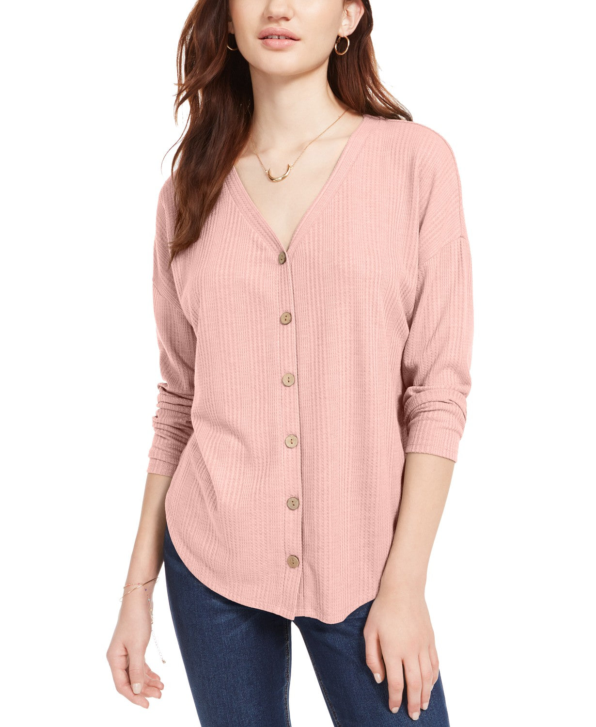Hippie Rose Juniors' Tie-Front Button-Up Top Pink Size Large