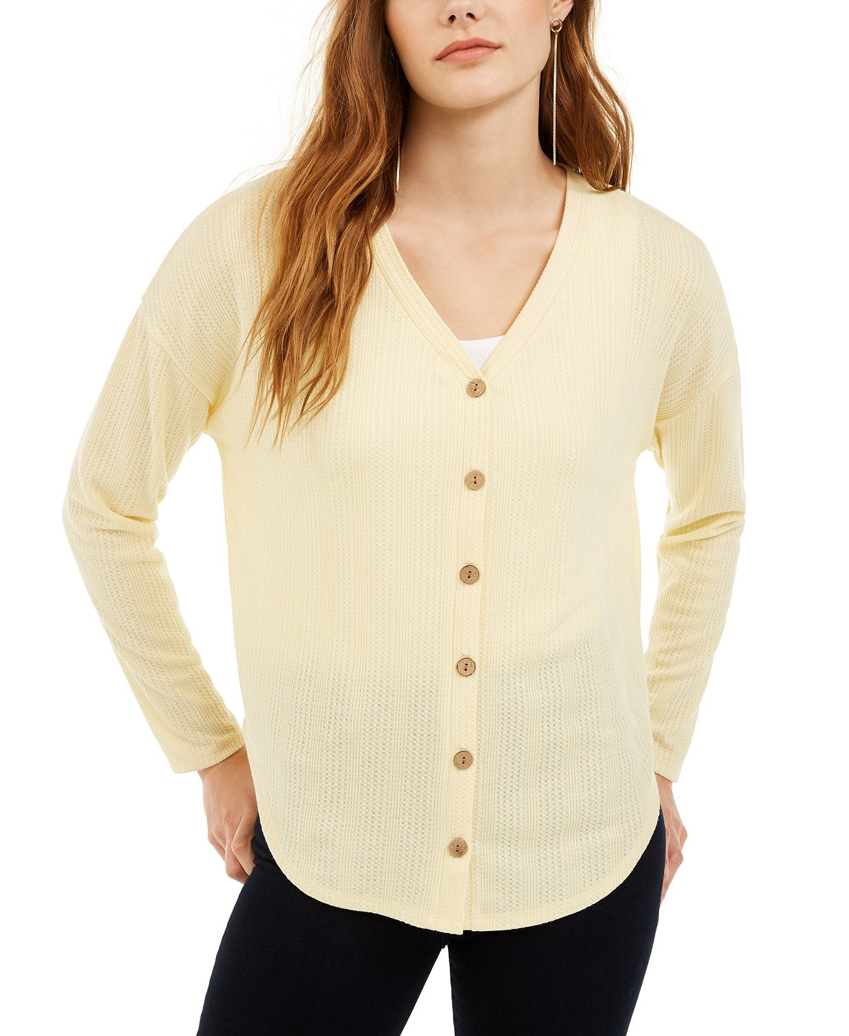 Pink Rose Juniors' Textured Button-Front Top Yellow Size Medium