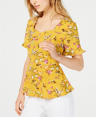 Monteau Women's Petite Ruffle-Trim Peplum Top Yellow Size Small