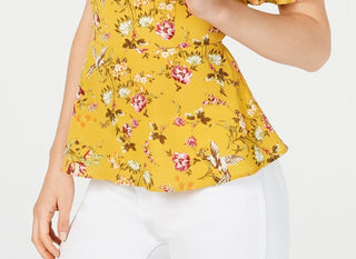 Monteau Women's Petite Ruffle-Trim Peplum Top Yellow Size Small