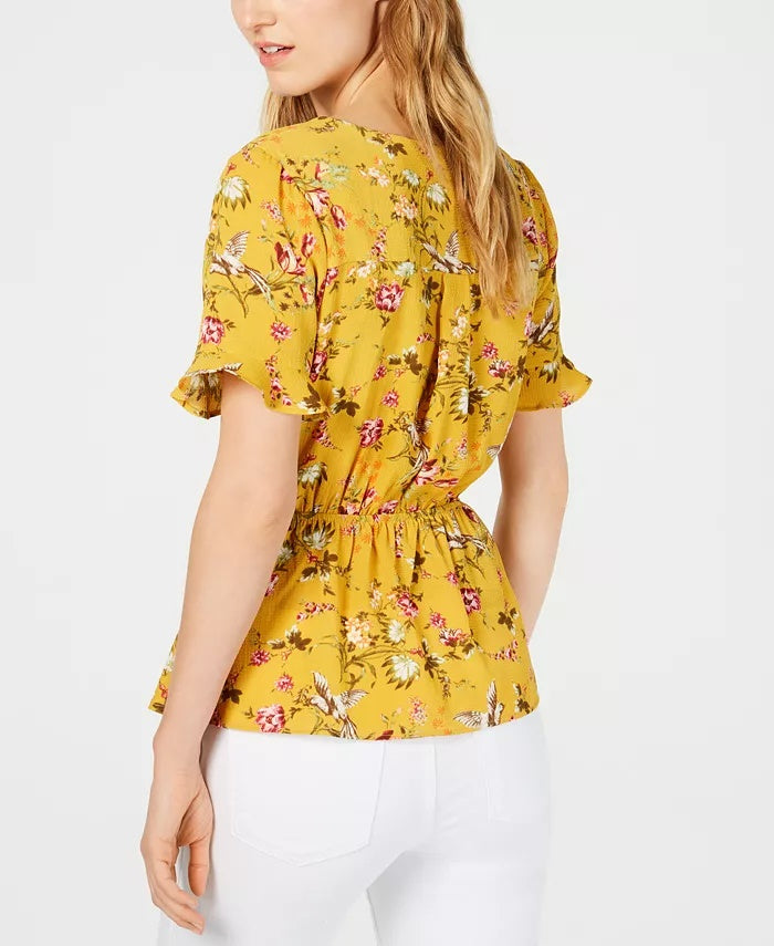 Monteau Women's Petite Ruffle-Trim Peplum Top Mustard  Size Petite Large