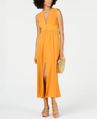 Monteau Women's Petite Split-Hem A-Line Maxi Dress Yellow Size Petite X-Large