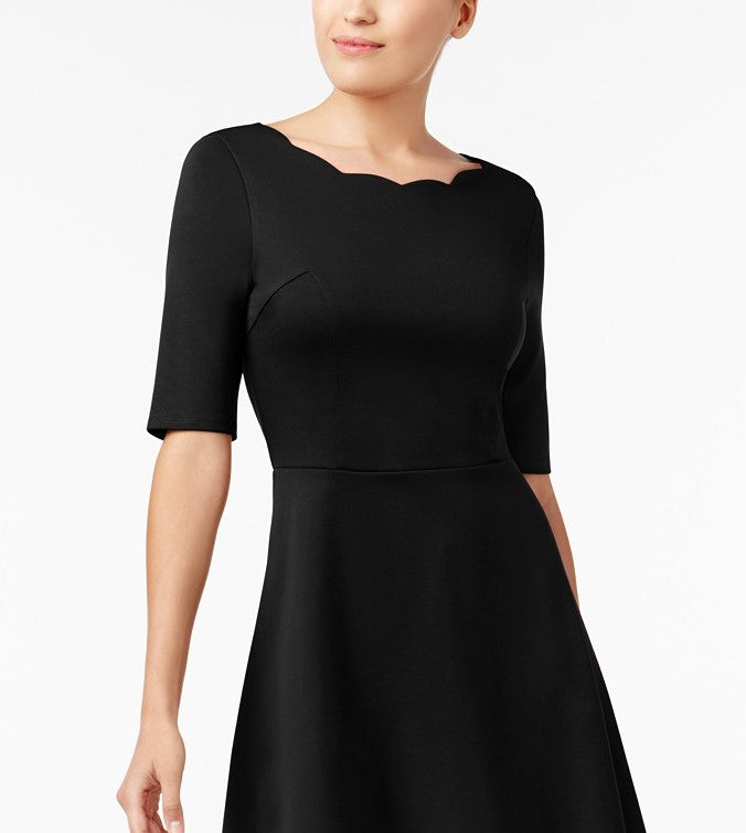 Monteau Petite Women's Scalloped-Neck Fit & Flare Dress Black Size Large