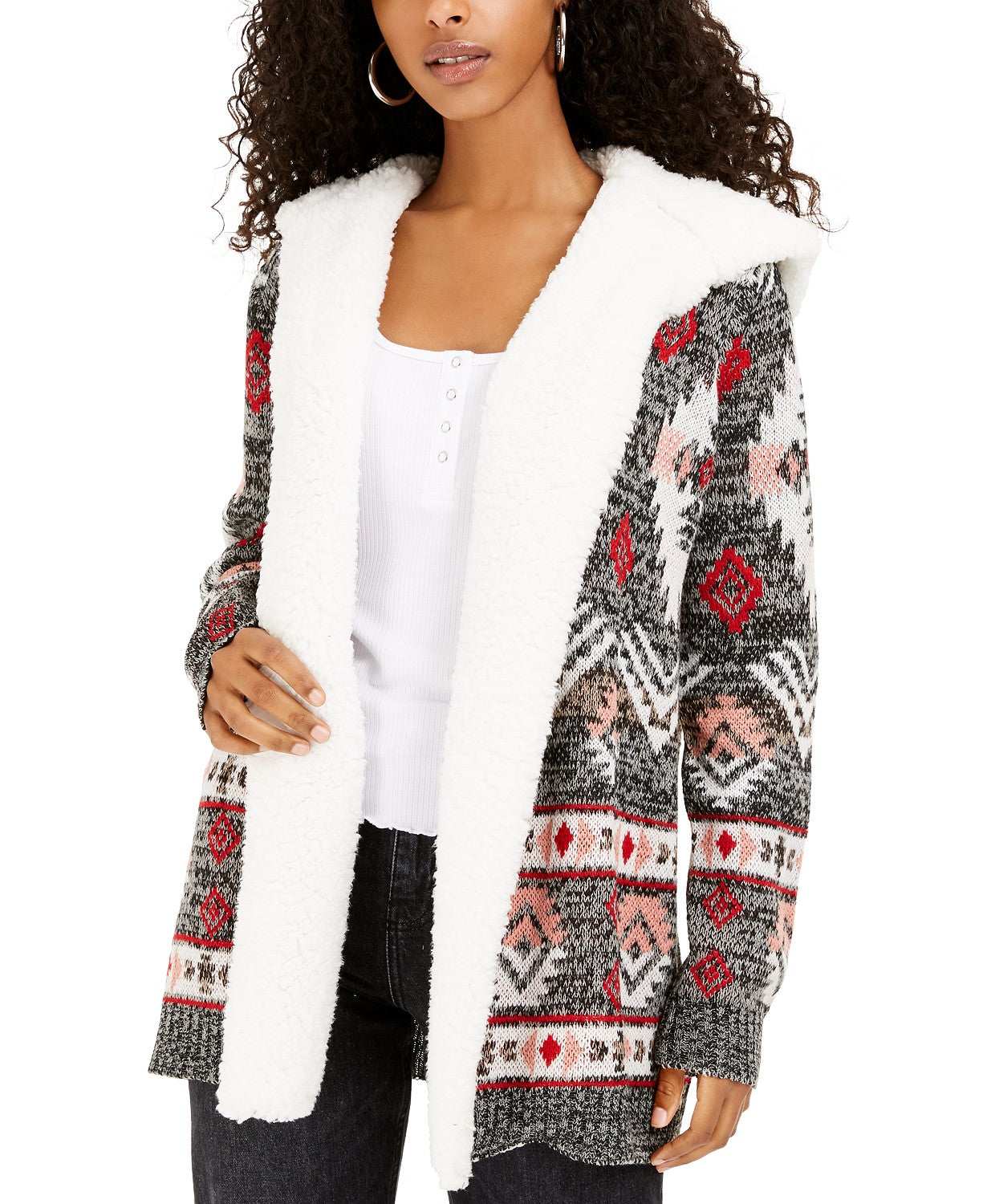 Crave Frame Juniors' Sherpa Trim Cardigan Gray Size Small