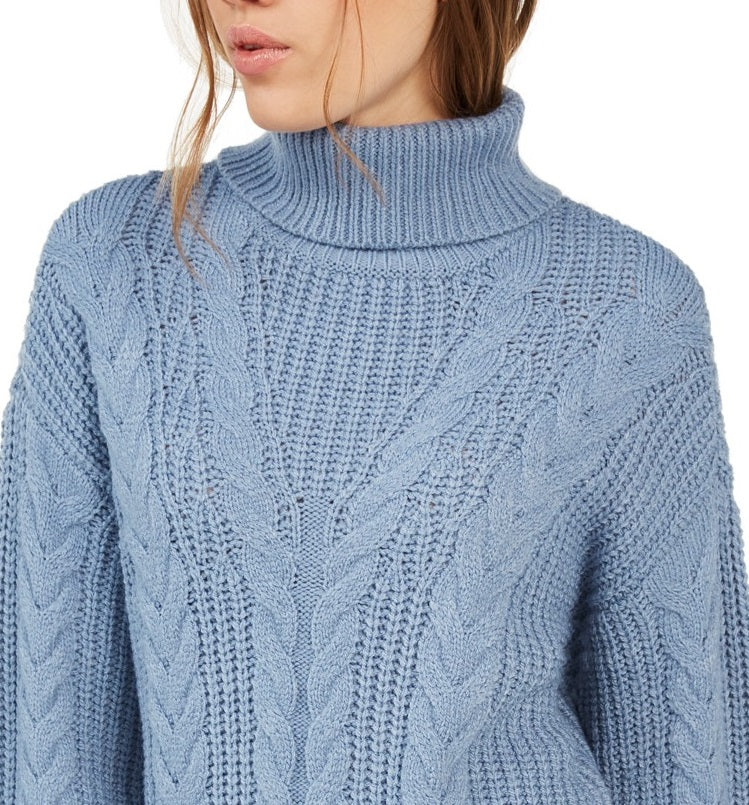 Crave Fame Women's  Juniors' Turtleneck Cable Knit Sweater Blue Size Large