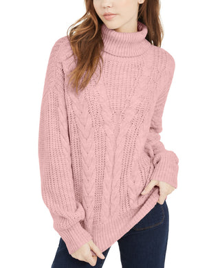 Crave Fame Juniors' Turtleneck Cable Knit Sweater Pink Size Medium