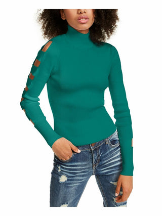 Almost Famous Junior's Lattice Sleeve Sweater Green Size Small