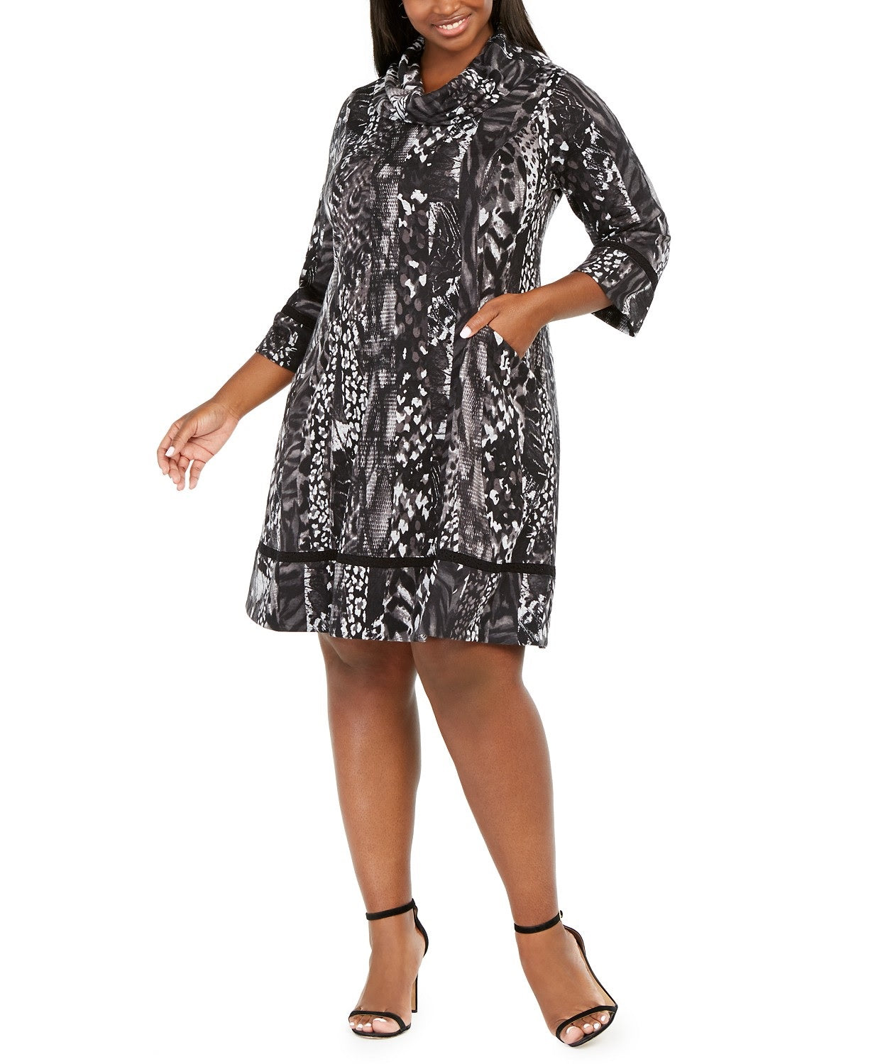 Robbie Bee Women's Plus Size Cowlneck Printed Sweater Dress Gray Size 2 Extra Large