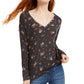 Ultra Flirt Juniors' Floral Print Waffle Texture Henley Top Black Size X-Large