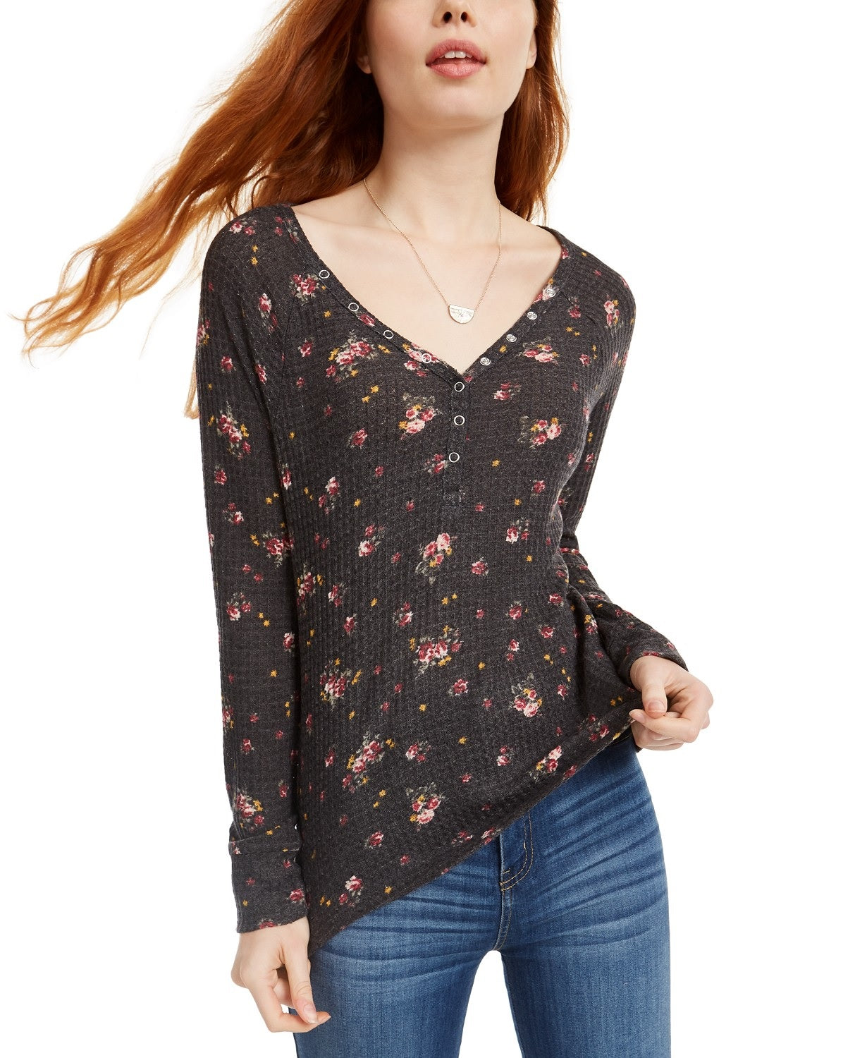 Ultra Flirt Juniors' Floral Print Waffle Texture Henley Top Black Size X-Large