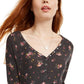 Ultra Flirt Juniors' Floral Print Waffle Texture Henley Top Black Size X-Large