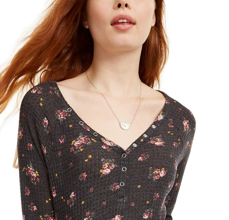 Ultra Flirt Juniors' Floral Print Waffle Texture Henley Top Black Size X-Large