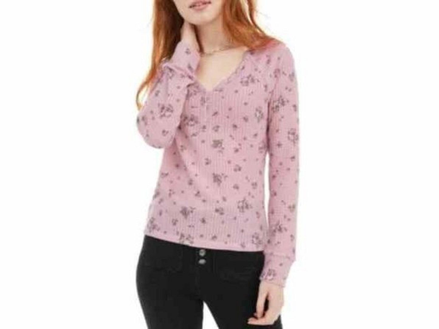 Ultra Flirt Juniors' Floral Print Waffle Texture Henley Top Pink Size Small