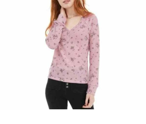 Ultra Flirt Juniors' Floral Print Waffle Texture Henley Top Pink Size Extra Large