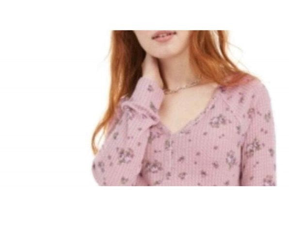 Ultra Flirt Juniors' Floral Print Waffle Texture Henley Top Pink Size Extra Large