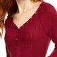 Ultra Flirt Juniors' Cozy Waffle-Knit Henley Top Red Size Small