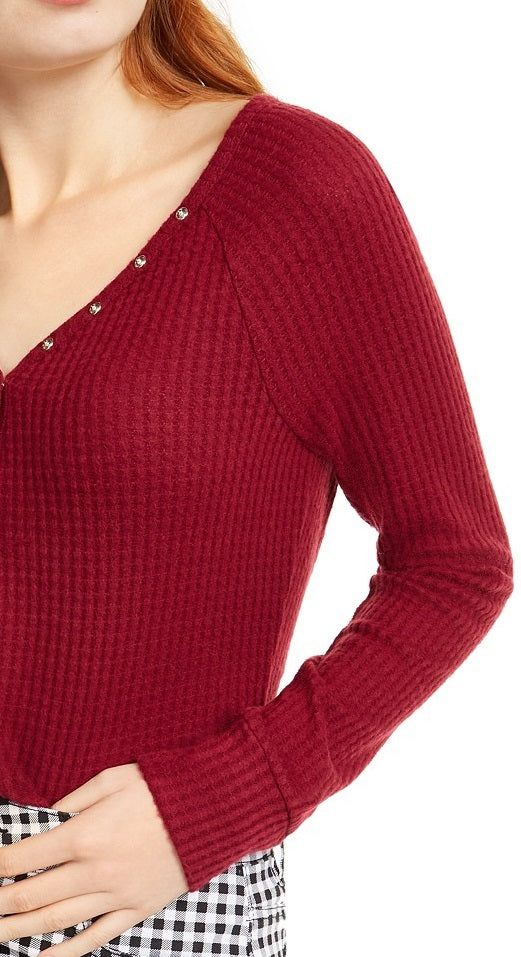 Ultra Flirt Juniors' Cozy Waffle-Knit Henley Top Red Size X-Small