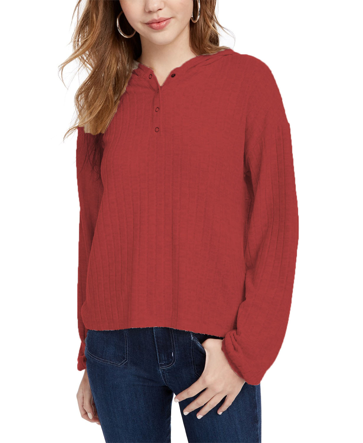 Ultra Filrt Junior's Cozy Ribbed Henley Hoodie Wine Size Medium