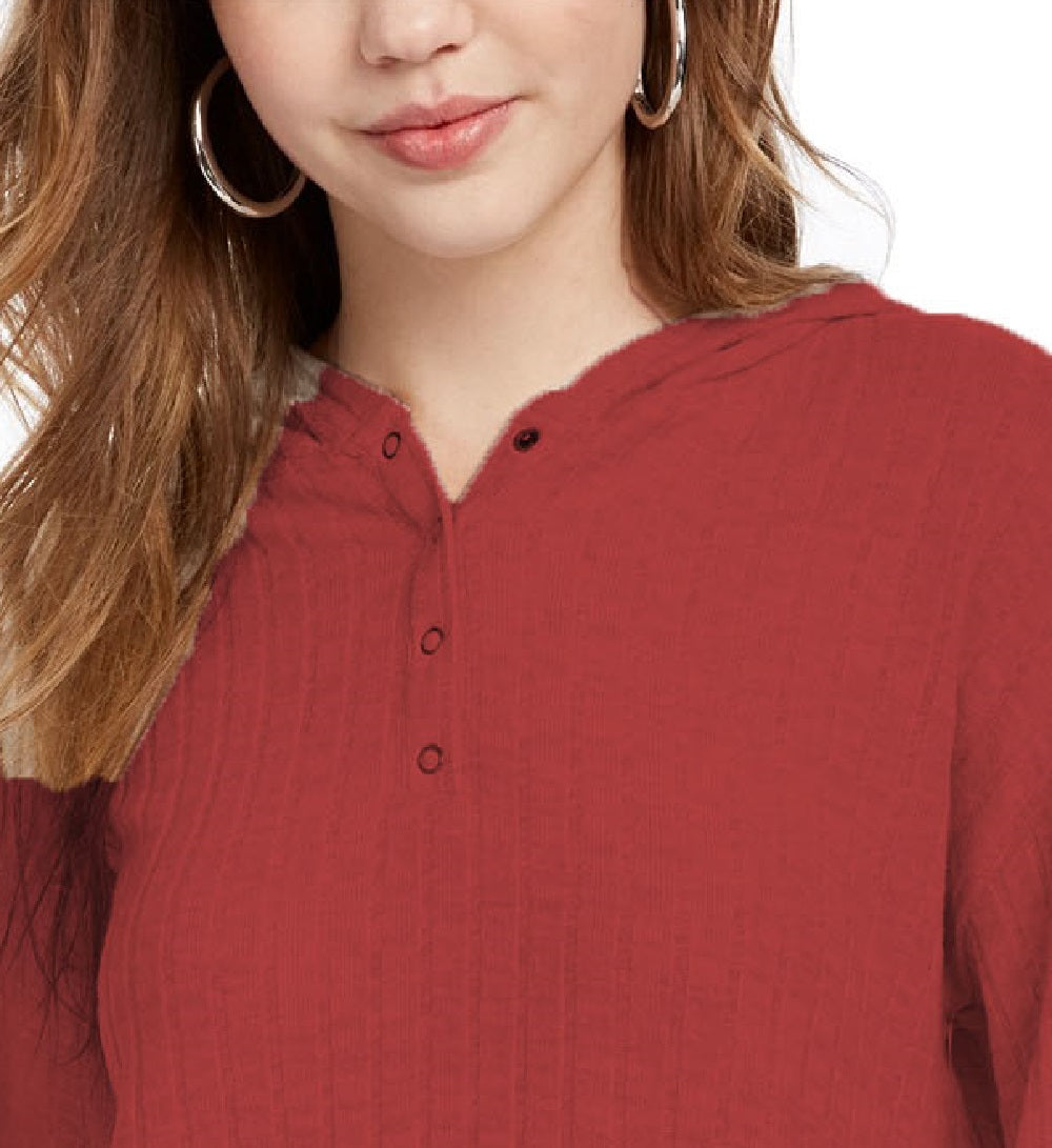 Ultra Filrt Junior's Cozy Ribbed Henley Hoodie Wine Size Medium