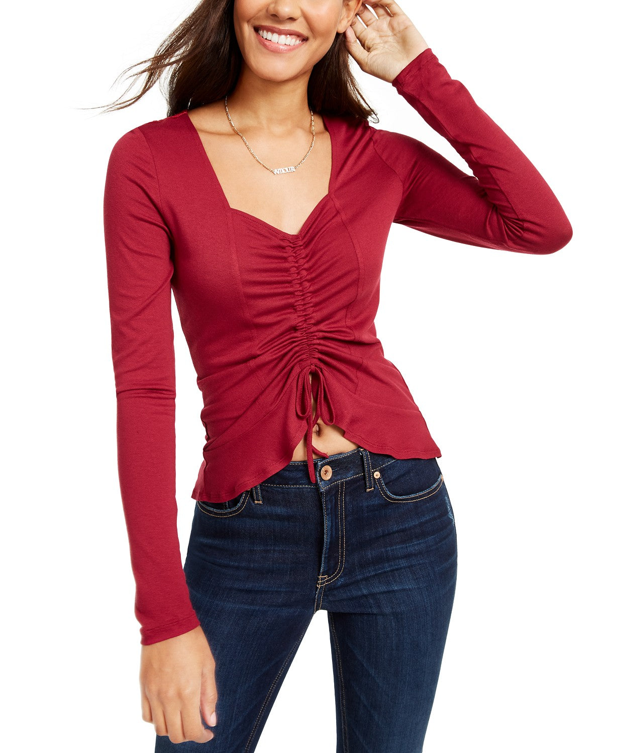 Ultra Flirt Juniors Women's Cinched-Front Cropped Top Dark Red Size Extra Large