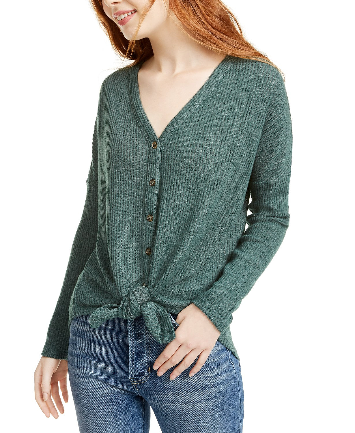 Ultra Flirt Juniors' Cozy Ribbed Tie-Front Top Green Size Extra Large