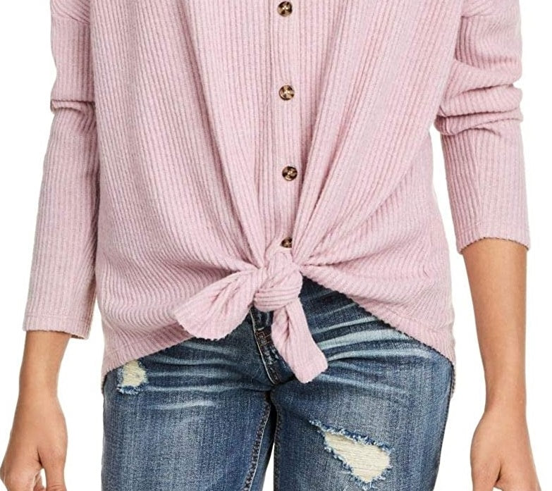 Ultra Flirt Juniors' Women's Cozy Ribbed Tie-Front Top Purple Size Large