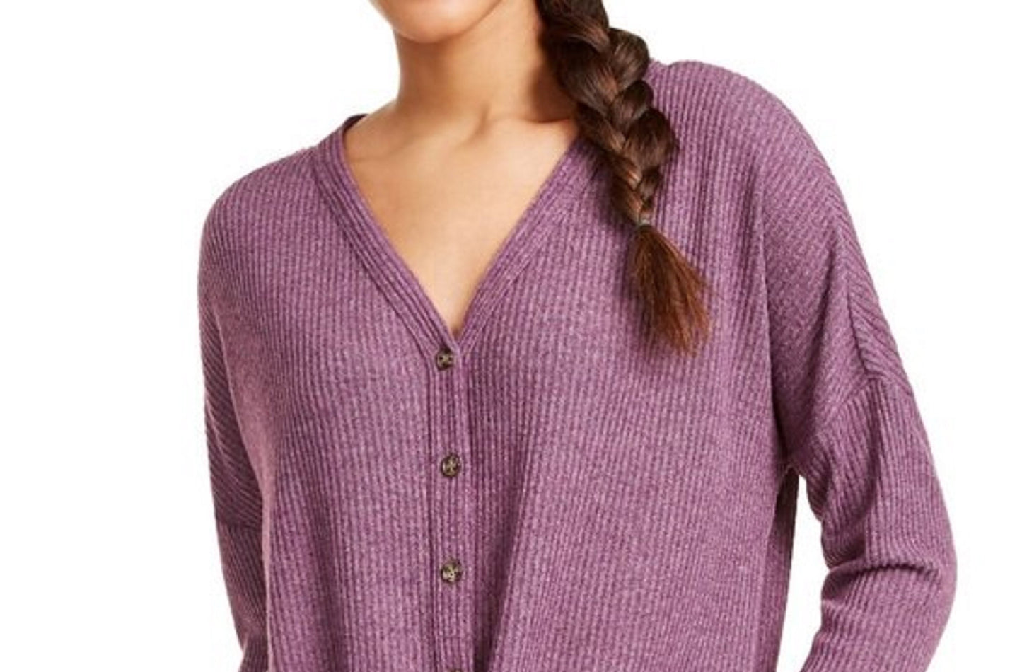 Ultra Flirt Juniors' Cozy Ribbed Tie-Front Top Purple Size Medium