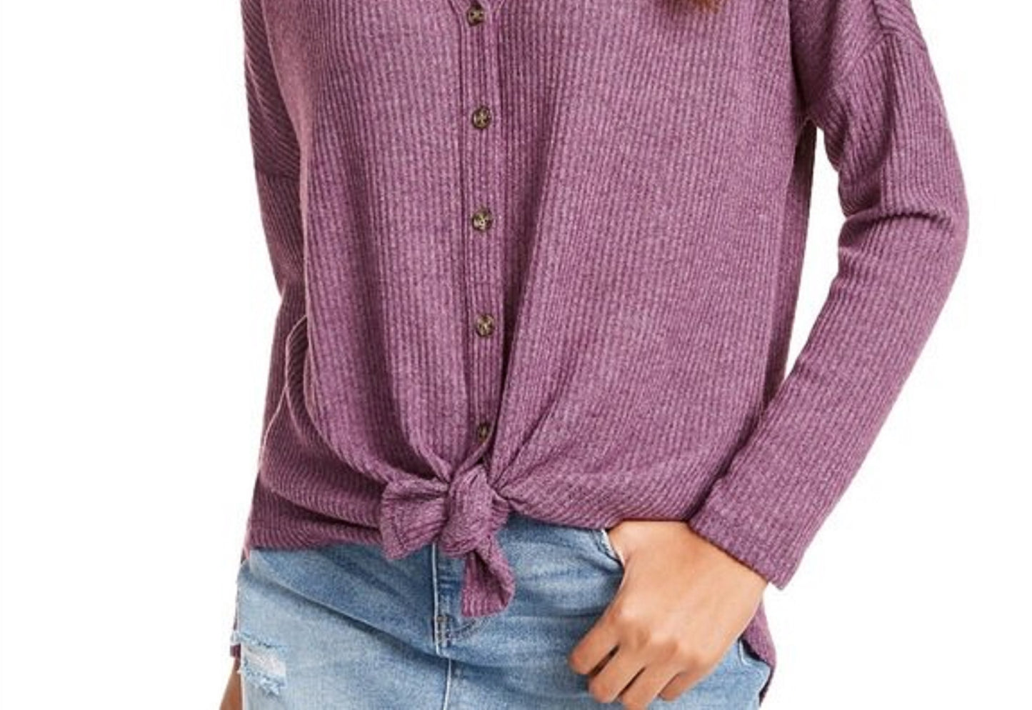 Ultra Flirt Juniors' Cozy Ribbed Tie-Front Top Purple Size Medium