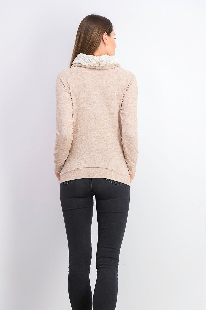 Ultra Filrt Juniors' Faux-Sherpa Lined Funnel Neck Sweatshirt Beige Size Large