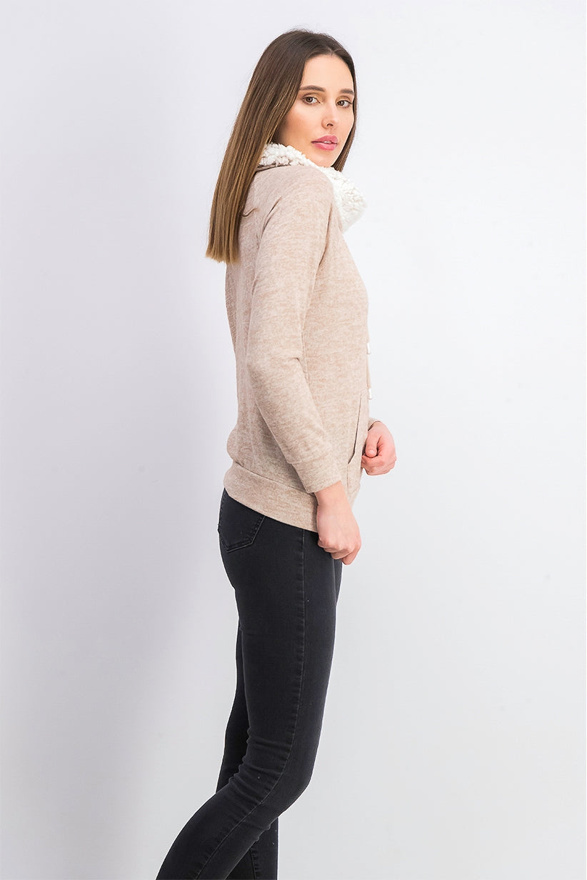 Ultra Filrt Juniors' Faux-Sherpa Lined Funnel Neck Sweatshirt Beige Size Large