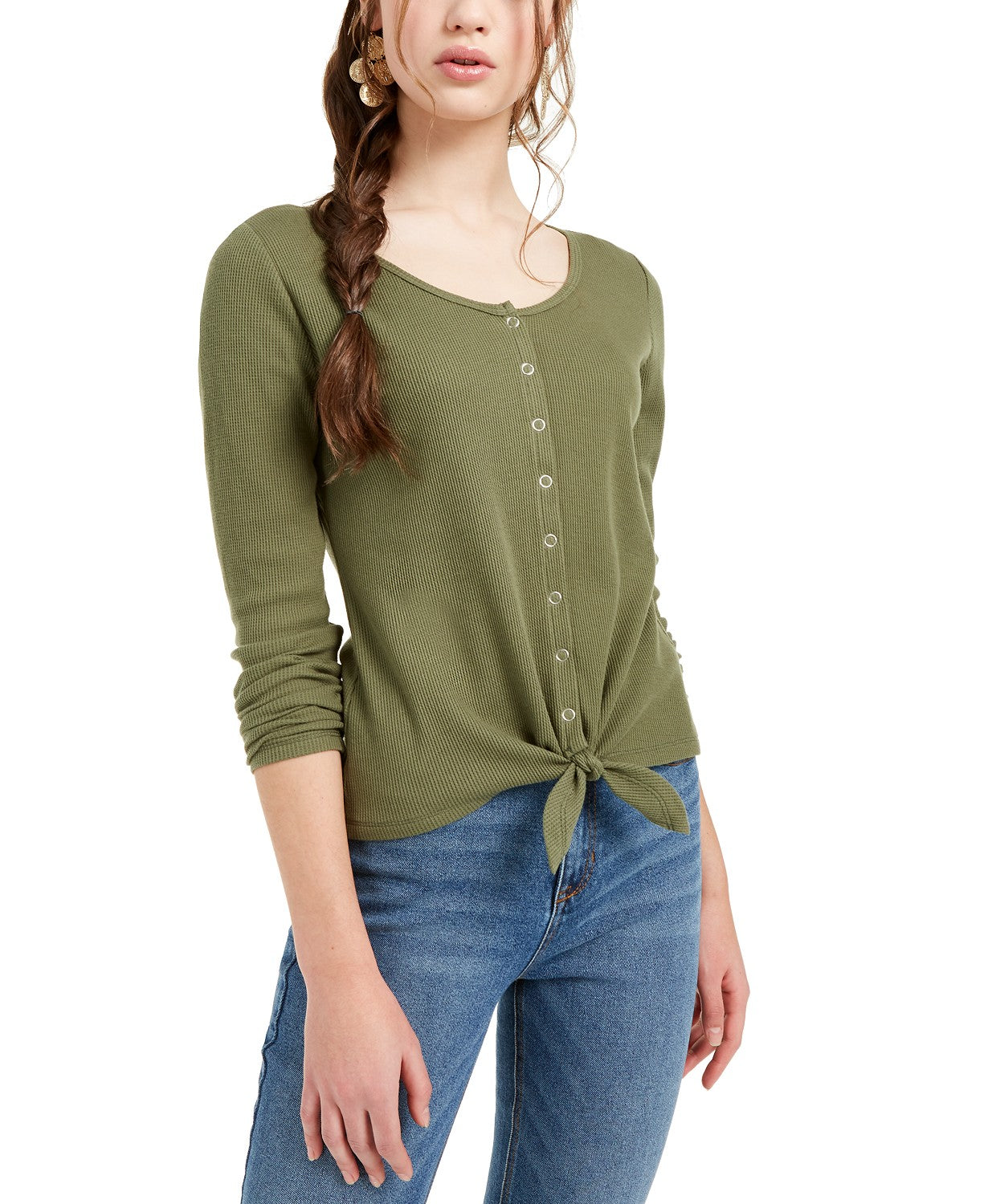 Ultra Flirt Women's Juniors' Tie-Hem Thermal Top Green Size Small