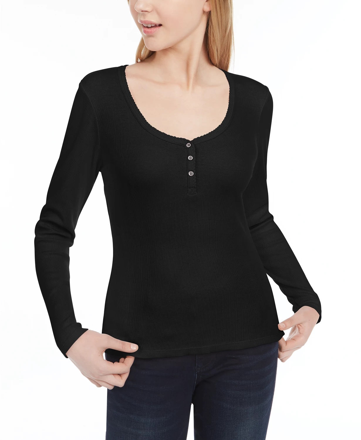 Ultra Flirt Juniors' Scallop-Edge Henley Black Size X-Small