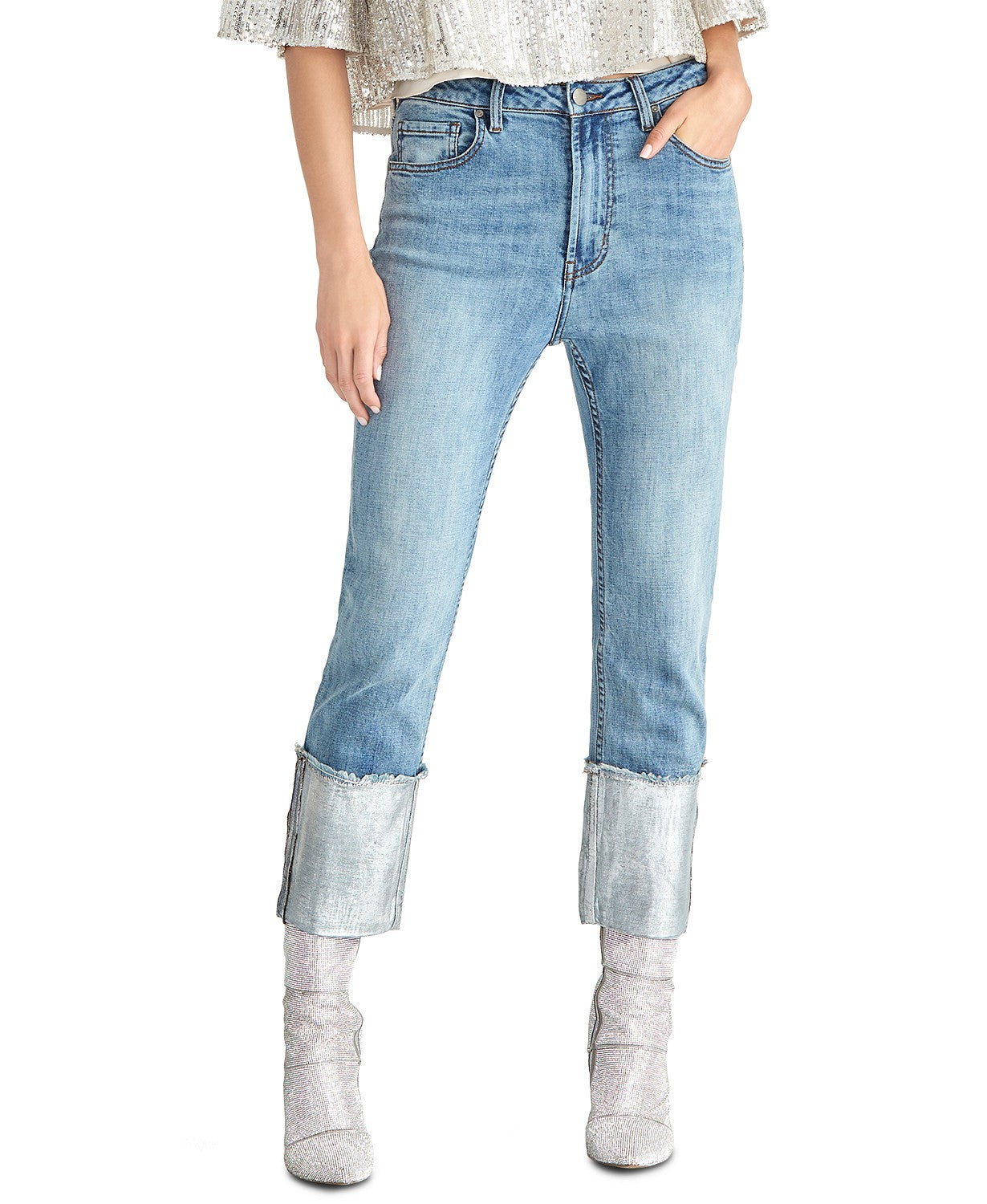 Rachel Rachel Roy Women's Straight-Leg Metallic High Rise Cuffed Jeans Brightblue Size 24
